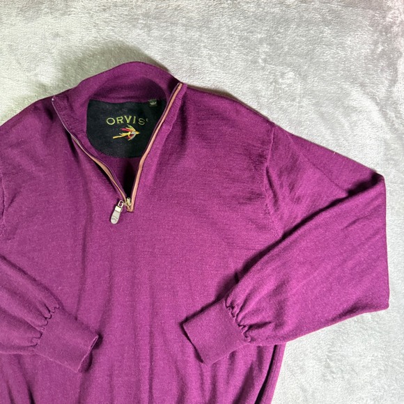 Orvis Mens Large Purple 100% Merino Wool Quarter Zip Pullover Sweater Mock Neck - Picture 1 of 10